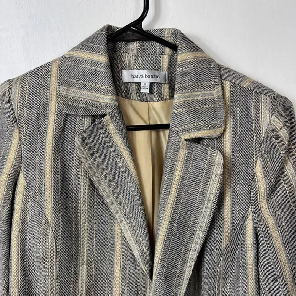 Harvé Bernard Gray & Gold Striped Linen Blend Tie Front Blazer, Size 8